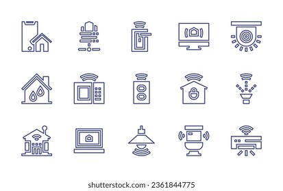 Symbol für intelligente Häuser. Bearbeitbarer Strich. Vektorgrafik. Mit Servern, Schloss, PC, Alarm, Smart Home, Smart House, Mikrowelle, Sockel, Laptop, Lampe, Smartphone, Sprinkler, Toilette.