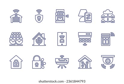 Smart house line icon set. Editable stroke. Vector illustration. Containing warehouse, solar panel, microphone, lamp, smartphone, shield, stove, cloud, window, smoke detector, smart home, cctv, home.
