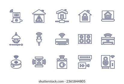 Smart house line icon set. Editable stroke. Vector illustration. Containing smart speaker, home, home automation, security, menu, voice assistant, plug, air conditioner, light, coffee maker.