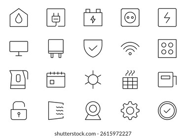 Smart house Line icon set. Sustainable development. Contains such icons as renewable energy, autonomous building, air and water quality.