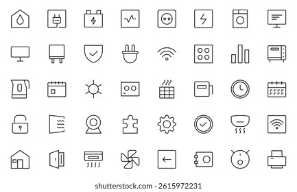 Smart house Line icon set. Sustainable development. Contains such icons as renewable energy, autonomous building, air and water quality.