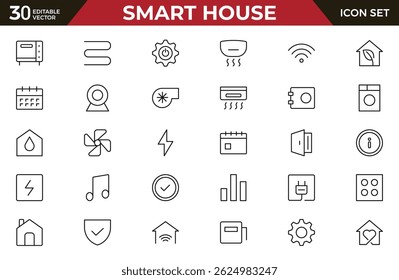 Conjunto de iconos de línea de casa inteligente. Desarrollo sostenible. Contiene íconos como energía renovable, construcción autónoma, calidad del aire y del agua.