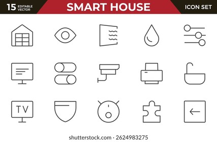 Conjunto de iconos de línea de casa inteligente. Desarrollo sostenible. Contiene íconos como energía renovable, construcción autónoma, calidad del aire y del agua.