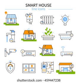 Smart house line icon set in linear style with isolated and colored elements of Technology at home vector illustration