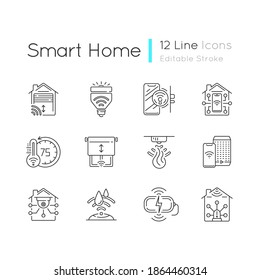 Smart house linear icons set. Innovatonal window blinds sensor. Remote controlled light bulbs. Customizable thin line contour symbols. Isolated vector outline illustrations. Editable stroke