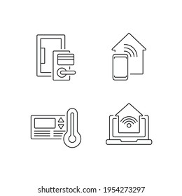Conjunto de iconos lineales de la casa inteligente. Ilustración personalizable de línea delgada. Símbolo de contorno. Dibujo de contorno aislado del vector. Trazo editable