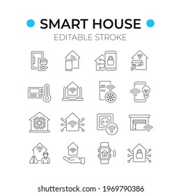 Smart house linear icons set. Thin line customizable illustration. Contour symbol. Vector isolated outline drawing. Editable stroke