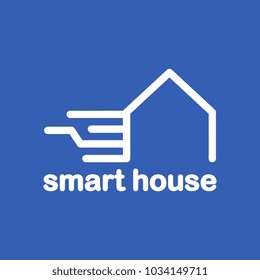 Smart house logo in blue background. Line art icon.