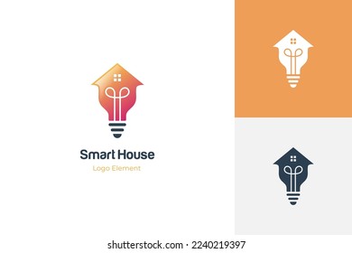 smart house logo icon design element with home and light bulb or lamp design concept for technology system in house symbol or sign