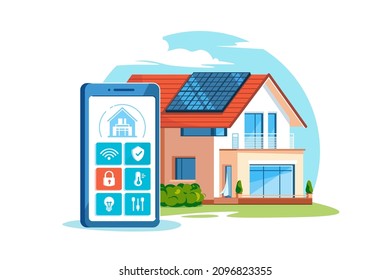 Sistema de gestión de la casa inteligente para una ilustración vectorial de control más rápida. Controla tu casa a través de la aplicación de smartphone a un estilo plano. Concepto de tecnología