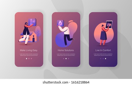 Smart House Mobile App Page Onboard Screen Set. People Using App for Centralized Control of Heating, Security, Electric Power at Home Concept for Website or Web Page. Cartoon Flat Vector Illustration