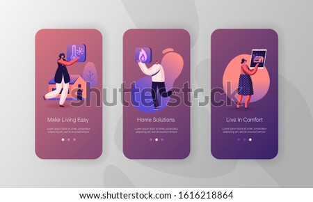 Smart House Mobile App Page Onboard Screen Set. People Using App for Centralized Control of Heating, Security, Electric Power at Home Concept for Website or Web Page. Cartoon Flat Vector Illustration