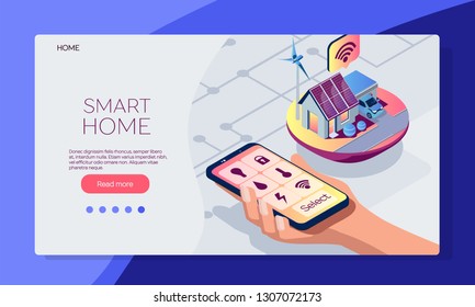 Smart house mobile app. Smart house service isometric template.  Icons in mobile phone. Smart phone in human hand. Vector flat illustration on a white background. Alternative energy sourses