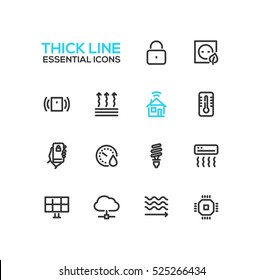 Smart House - modern vector plain simple thick line design icons and pictograms set. Padlock, energy saving, alarm system, climate control, mobile device, solar battery, heat leak, microchip