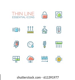 Smart House - modern vector thin line design icons and pictograms set with accent color. Padlock, energy saving, alarm system, climate control, mobile device, solar battery, heat leak, microchip