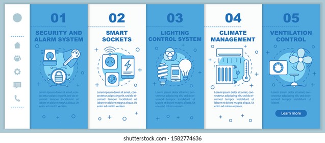 Smart house onboarding mobile web pages vector template. Home automation. Responsive smartphone website interface idea with linear illustrations. Webpage walkthrough step screens. Color concept