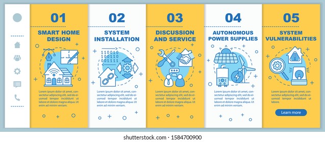 Smart house onboarding mobile web pages vector template. Home automation system. Responsive smartphone website interface idea with linear illustrations. Webpage walkthrough step screens. Color concept