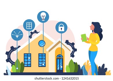 Smart House. A Person Manages The System At Home Through A Tablet Or Other Gadget. The Concept Of A Unified Smart Home Control System.