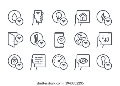 Smart House Remote Control Line Icon Set. Smart Home Network System And Management Linear Icons. Indoor Sensor And Wireless Technology Outline Vector Sign Collection.