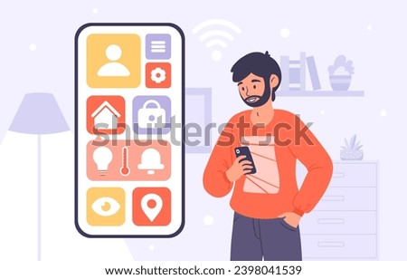 Smart house remote control. Man with smartphone. Modern technologies and innovations. Young guy with application for distance control of home. Cartoon flat vector illustration