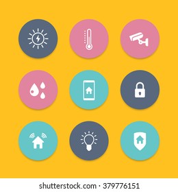 Smart house round flat icons, cctv, security, signalling, light, temperature control icons, vector illustration