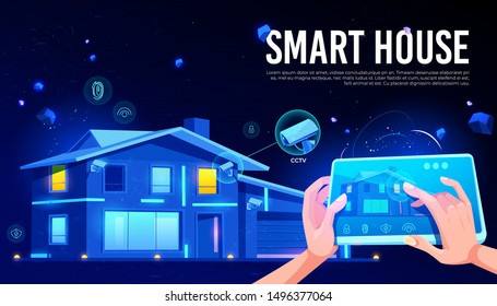 Smart house security technology with CCTV cameras records online viewing, keyless access with fingerprint door opening, room light on, off remote control options cartoon vector banner, poster template