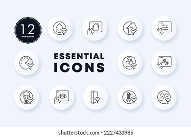 Icono de conjunto de casa inteligente. Cámara de vigilancia, comodidad, sitio web, control de potencia, comodidad, deslizador, puertas, protección, encender música, ventilación, aire acondicionado, ventilación, temperatura. Neomorfismo