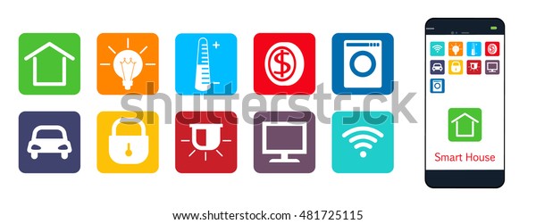 Smart House , a\
set of web icons . The house , climate , security , protection ,\
money , energy ,\
appliances