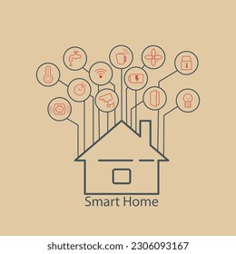 Smart House. House silhouette and various icons isolated on light background. New technologies. Hand drawn. Vector illustration