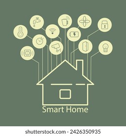 Smart House. House silhouette and various icons on a dark background. New technologies. Hand drawn. Vector illustration