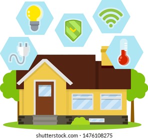 Smart house. Small home. Suburban one-storey building. Online system management. Modern communication. Cartoon flat illustration. Electricity, protection, lighting, Internet, temperature icon