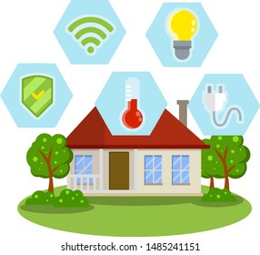 Smart house. Small home. Suburban one-storey building. Modern communication. Cartoon flat illustration. Electricity, protection, lighting, Internet, temperature icon. Online system management