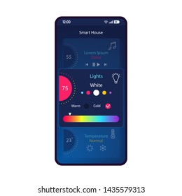 Smart house smartphone interface vector template. Mobile app page blue design layout. Light, heating, music remote control screen. Intelligent home automation system UI application. Phone display