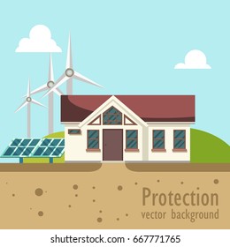 Smart house, solar cell. Green energy: Solar energy, Wind Turbine and geothermal power for alternative energy.
