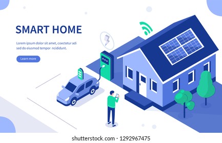 Smart house with solar panel and electric car. Can use for web banner, infographics, hero images. Flat isometric vector illustration isolated on white background.