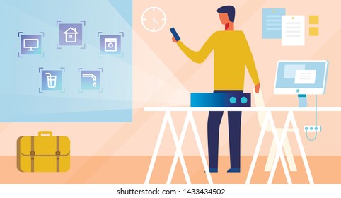 Smart House System Application Interface for Remote Control. Man Character Regulating Home Robots Function Distantly from Office. Locks, Household Appliances, Taps Projection. Vector IOT Illustration