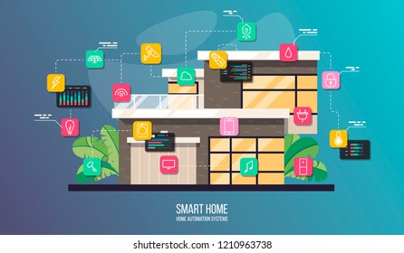 Smart House System Automation Infographic, Modern Building With Rooms Cross Section And Icons Set