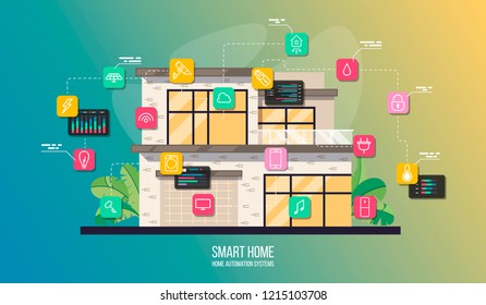 Smart House System Automation Infographic, Modern Building With Rooms Cross Section And Icons Set