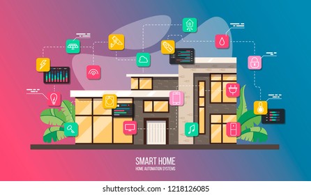 Smart House System Automation Infographic, Modern Building With Rooms Cross Section And Icons Set