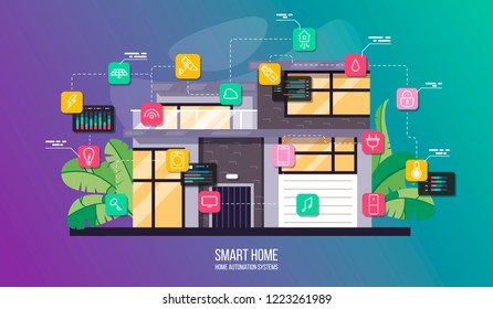 Smart House System Automation Infographic, Modern Building With Rooms Cross Section And Icons Set