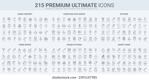 Smart house system, control access, furniture and home repair service thin black line icons set vector illustration. Outline symbols of maintenance and chefs tools, bedroom and kitchen, garage