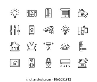 Conjunto de iconos de línea plana del sistema Smart House. Ilustración vectorial control residencial inalámbrico y monitoreo remoto. trazos editables.