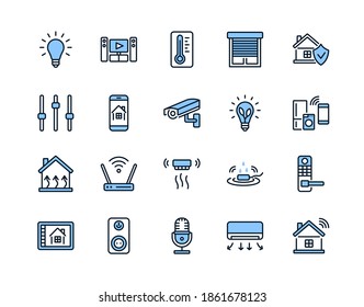 Smart house system flat line icon set blue color. Vector illustration wireless home control and remote monitoring. Editable strokes.