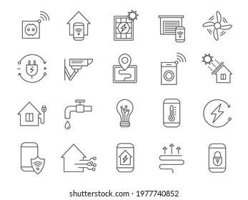 Smart House System Icons. Home Network, Wifi Automation Internet Technology For Security, Heat Thermostat And Electricity, Vector Set. House Smart System, Control Security Automation Illustration