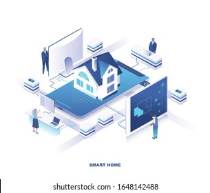 Smart house system isometric landing page. Concept of home automation or digital control technology with tiny people at electronic panels around residential building. Modern vector illustration.