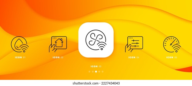 Icono de conjunto del sistema de la casa inteligente. Control de temperatura, aire acondicionado, fresco, limpio, fresco, polvo, humedad, porcentaje, eco. Concepto tecnológico. Línea de tiempo de infografía con iconos y 5 pasos