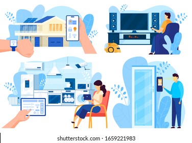 Smart house technologies, people controlling home systems remotely through digital devices, vector illustration. Cartoon characters in modern smart home, innovative technologies of future comfort