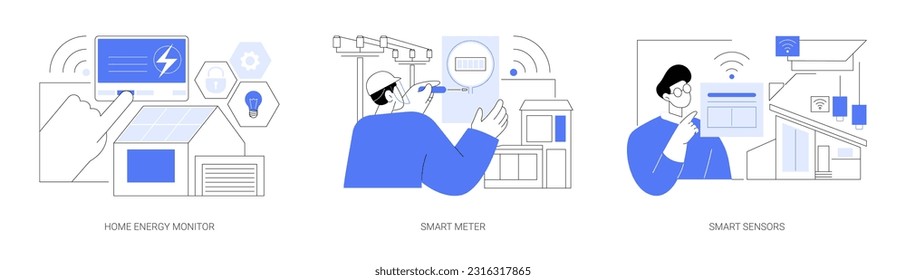 Conjunto de ilustraciones vectoriales de concepto abstracto de la tecnología Smart House. Monitor de energía en el hogar, medidor inteligente, sensores IoT en el hogar, control de HVAC, sistema de monitorado moderno, metáfora abstracta de cuadrícula inteligente.