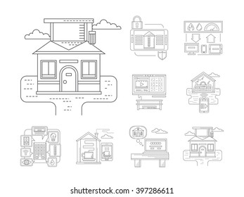 Smart house technology. Appliances, centralized wireless control system for monitoring and administration.  Detailed flat line vector icons set. Web design elements for business, site, mobile app.