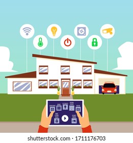 Smarthouse-Technologie-Banner mit menschlichen Händen, die ferngesteuerte, flache Vektorillustration-Illustration. Innovatives Wireless-System für die Heimumgebungssteuerung.
